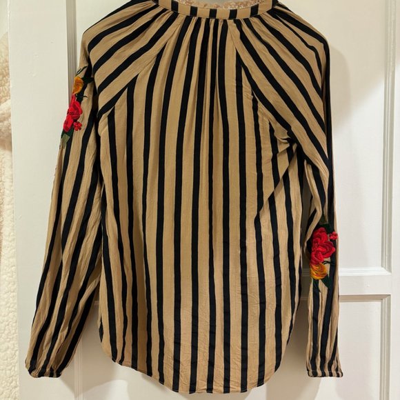 Anthropologie Akemi and Kin Tan & Black Striped Blouse with Embroidery - Picture 2 of 2
